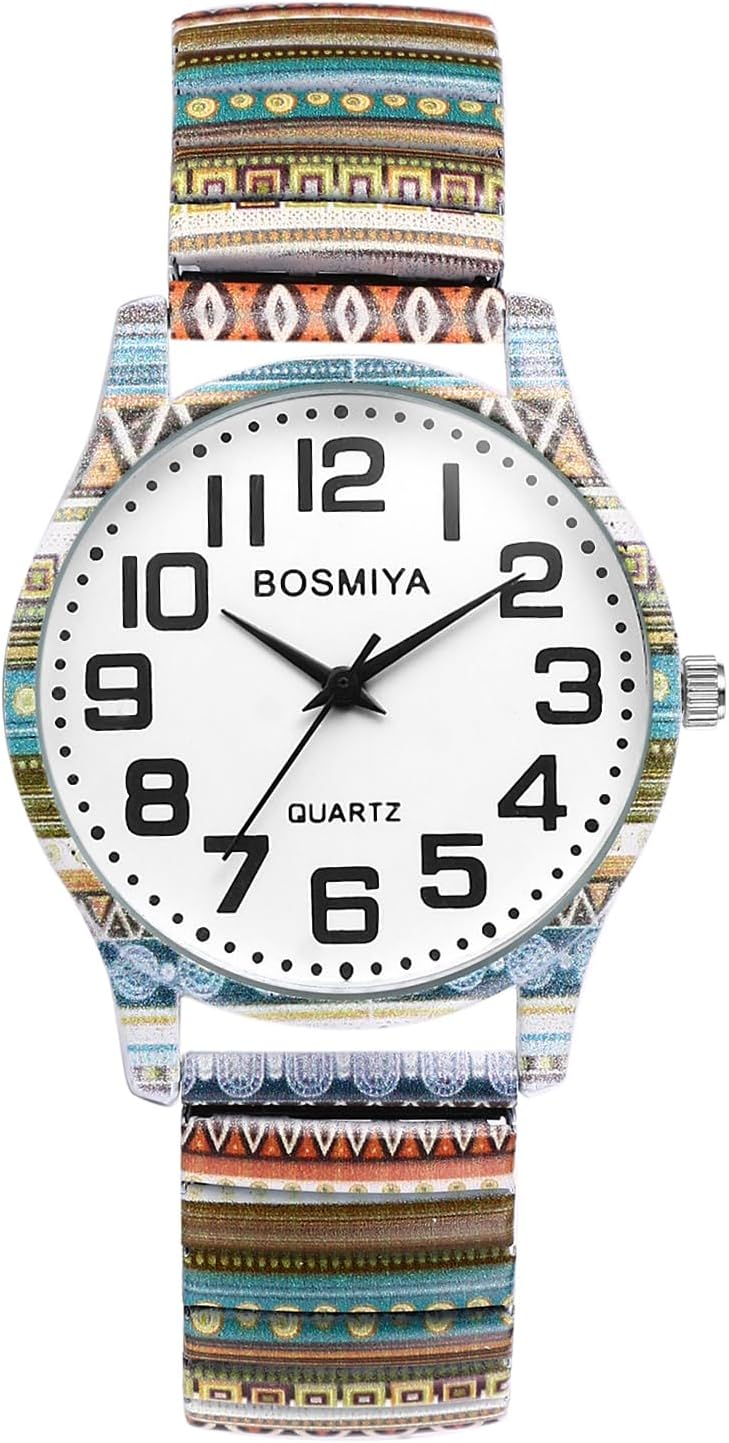 JewelryWe Boho Watches for Women: Ladies Bohemian Elastic Expansion Band Quartz Easy Read Large Dial Stainless Steel Colorful Stretch Strap Wriststwatch