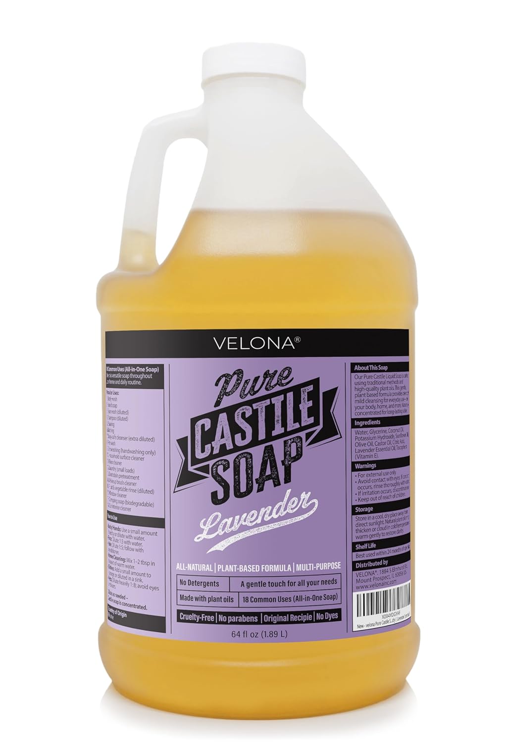 velona Pure Castile Soap - 64 Fl oz | Mild & Gentle | Face, Hand, Hair, Body Wash, Laundry | Lavender Essential Oil
