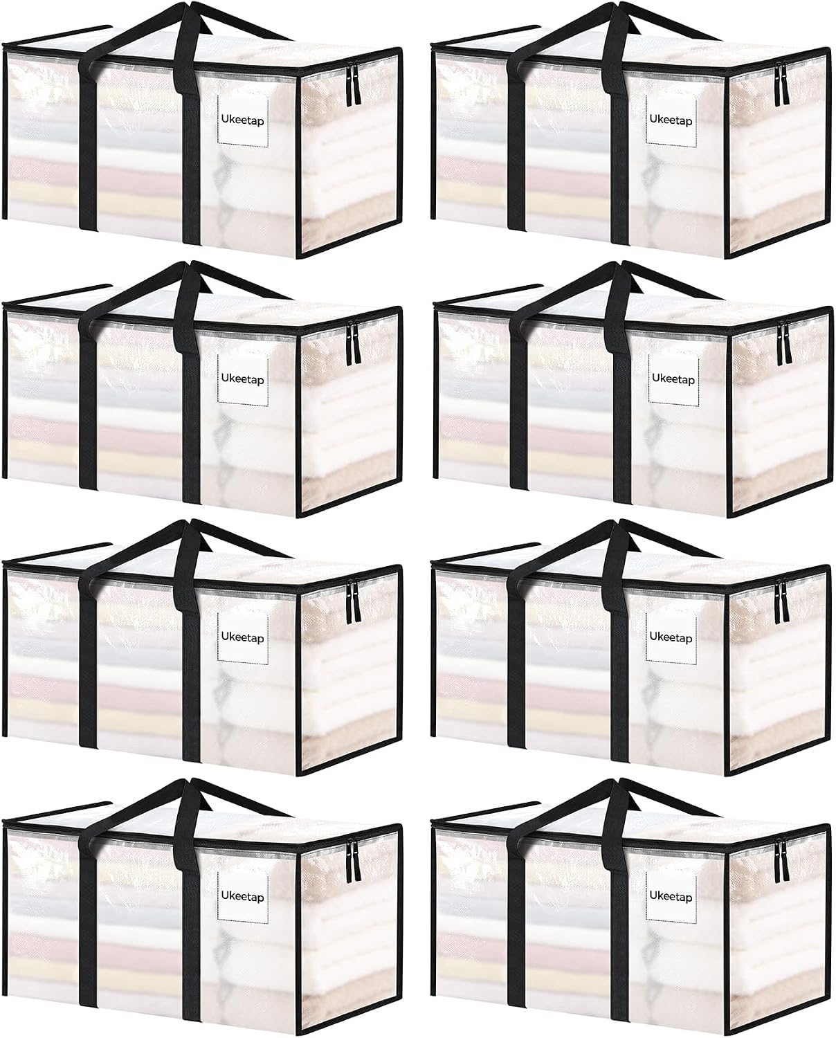 8 Pack Extra Large Clothes Storage Bins with Lids, Moving Bags, Clear