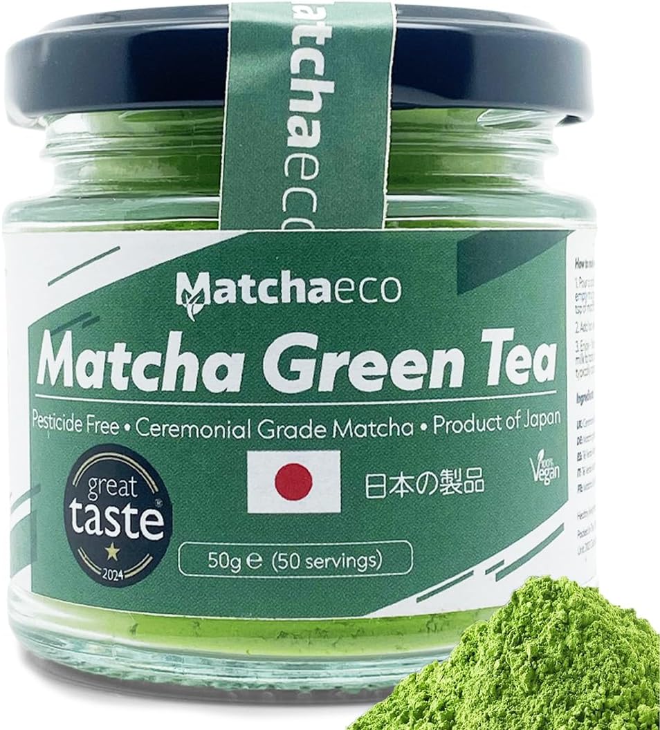Matchaeco 50g Japanese Matcha Green Tea Powder | Stone Ground Ceremonial Grade From Japan | Pesticide-Free Matcha Powder | Recyclable Jar And Lid | Vegan, Cooking and Kitchen Gift Ideas | 50g, Matcha