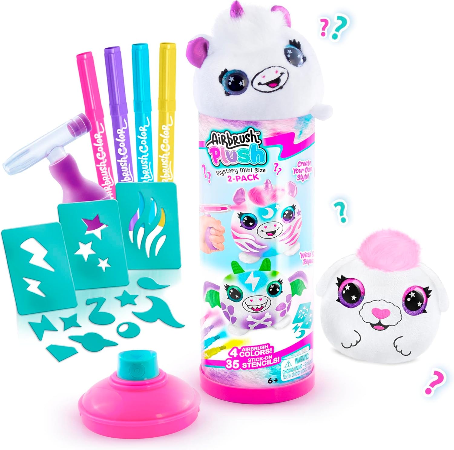 Canal Toys Personalize Airbrush Plush Mini Mystery 2 Pack! Which 2 plushies Will You get?! Decorate, wash, Repeat! Customize Your own plushies with Markers, Airbrush Tool and Stencils. Ages 6+