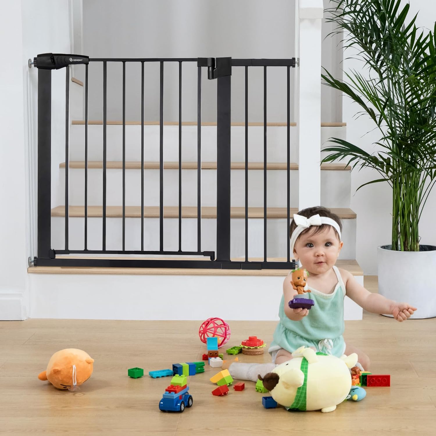 COMOMY 30" Tall Baby Gate for Stairs Doorways, Fits Openings 29.5" to 40.5" Wide, Auto Close Extra Wide Dog Gate for House, Pressure Mounted Easy Walk Through Pet Gate with Door, Black