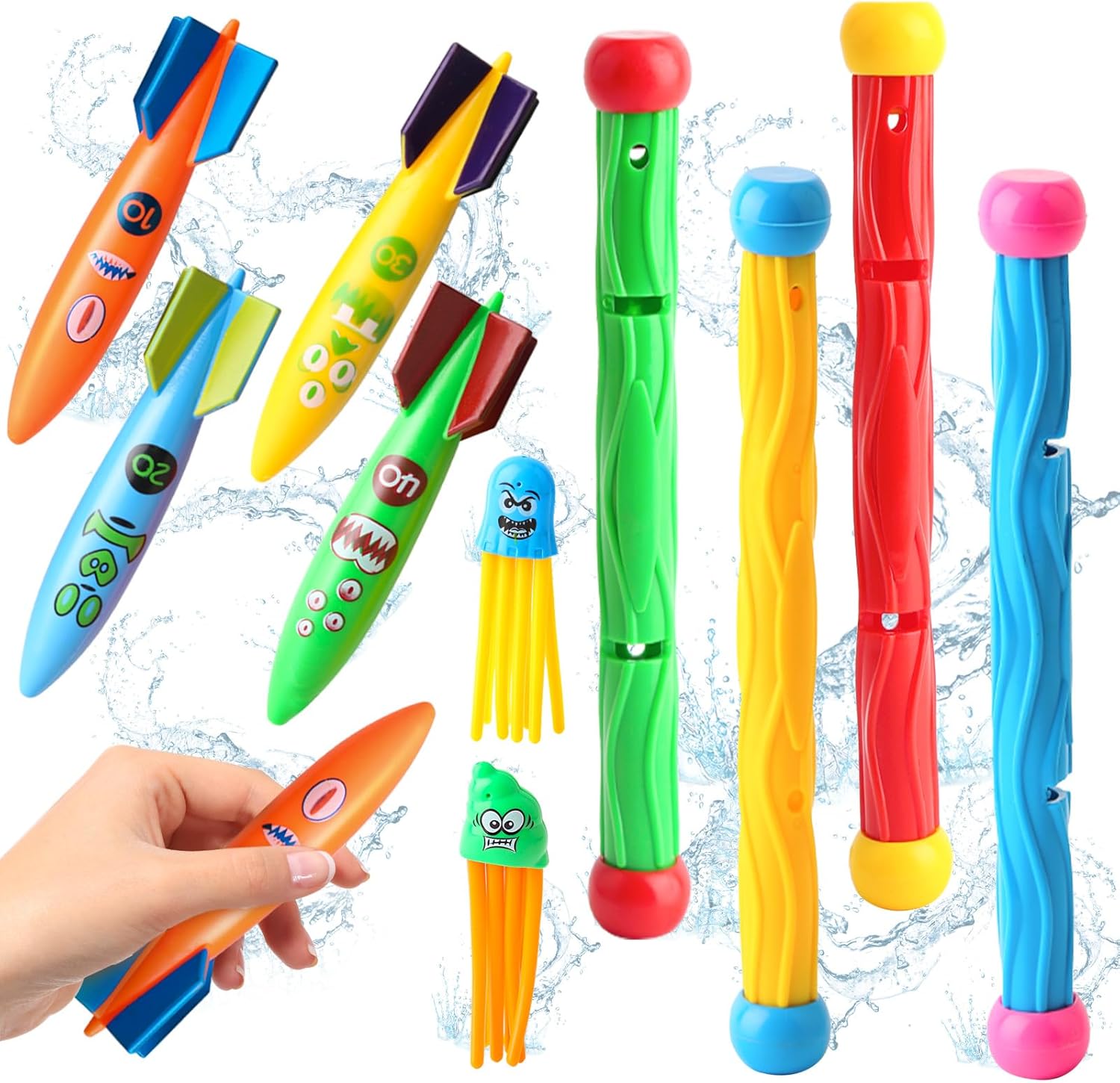 Dive Rings Pool Toys Adults, 10 Pcs Diving Pool Toy for Kids Ages 4-8, Shark Torpedo Dive Set, Octopus Toddler Water Fun Toys, Summer Essentials Underwater Swimming Throwing Gifts for Boys & Girls