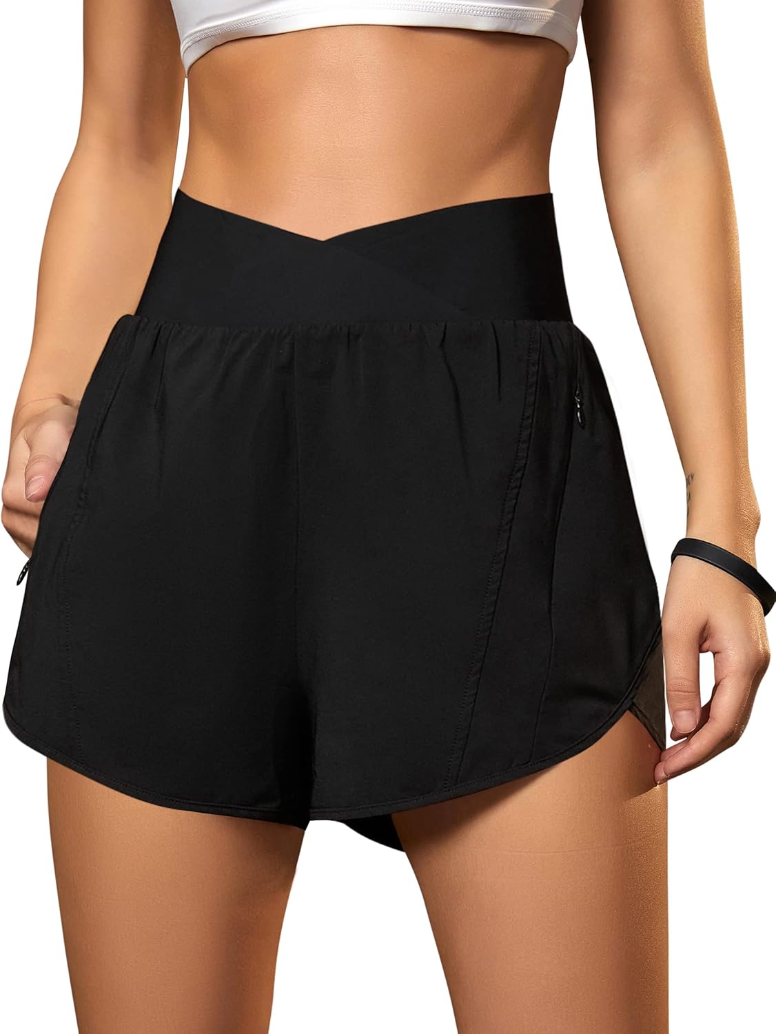 Blooming Jelly Women's Workout Shorts Athletic Running Shorts Crossover High Waisted Gym Shorts with Zipper Pockets