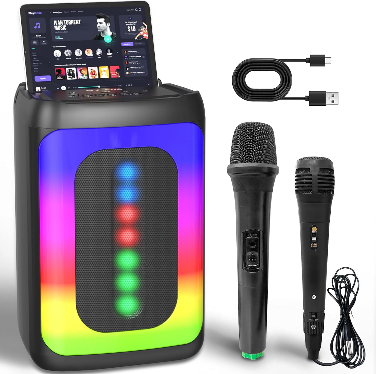 Vexloria Karaoke Machine with 2 Microphones, Portable Bluetooth Speaker with Led Light for Gatherings, Mini Karaoke Speaker for Adults Kids, Support TWS, TF Card, USB, AUX In, Rechargeable-Black