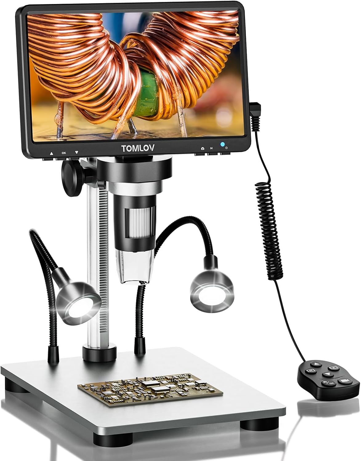 TOMLOV DM9 7" LCD Digital Microscope 1200X, 12MP Coin Magnification, 1080P HD Video Soldering USB Scope for Adult, with LED Light, Adjustable Metal Stand, PC/Windows/Mac Compatible, 32GB Card Included