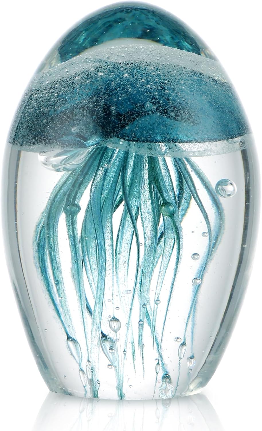 Hand Blown Glass Jellyfish Figurine, Glow in The Dark Paperweight, Collectible Sea Creature Statue Decor for Home, Office, Party Decoration and Gift (Turquoise)