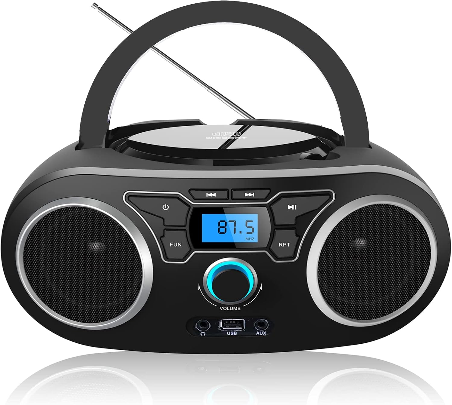 Portable Personal CD Player with FM Radio Stereo Sound, Bluetooth, USB, AUX-IN, Headphone Output, MP3 CDs Compatible, Clear and Full Sound, AC/DC Operated for Home or Outdoor
