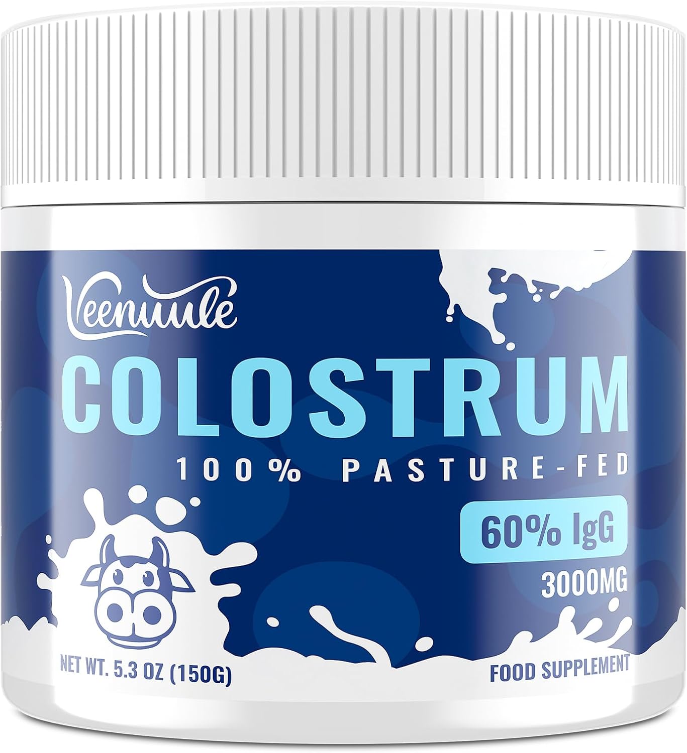Veenuule Colostrum Powder 3000MG, with 60% Natural IgG (Immunoglobulins), Grass Fed Cow Colostrum, Non-GMO, Unflavored 50 Servings