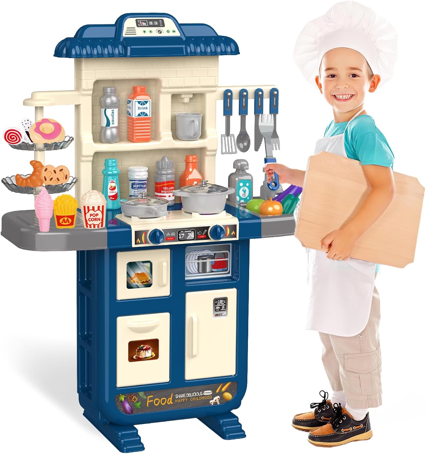 Play Kitchen Toys for Kids - 46-Piece Realistic Kitchen Set with Lights, Sounds, and Spray Function - Perfectly Gift for Ages 3+