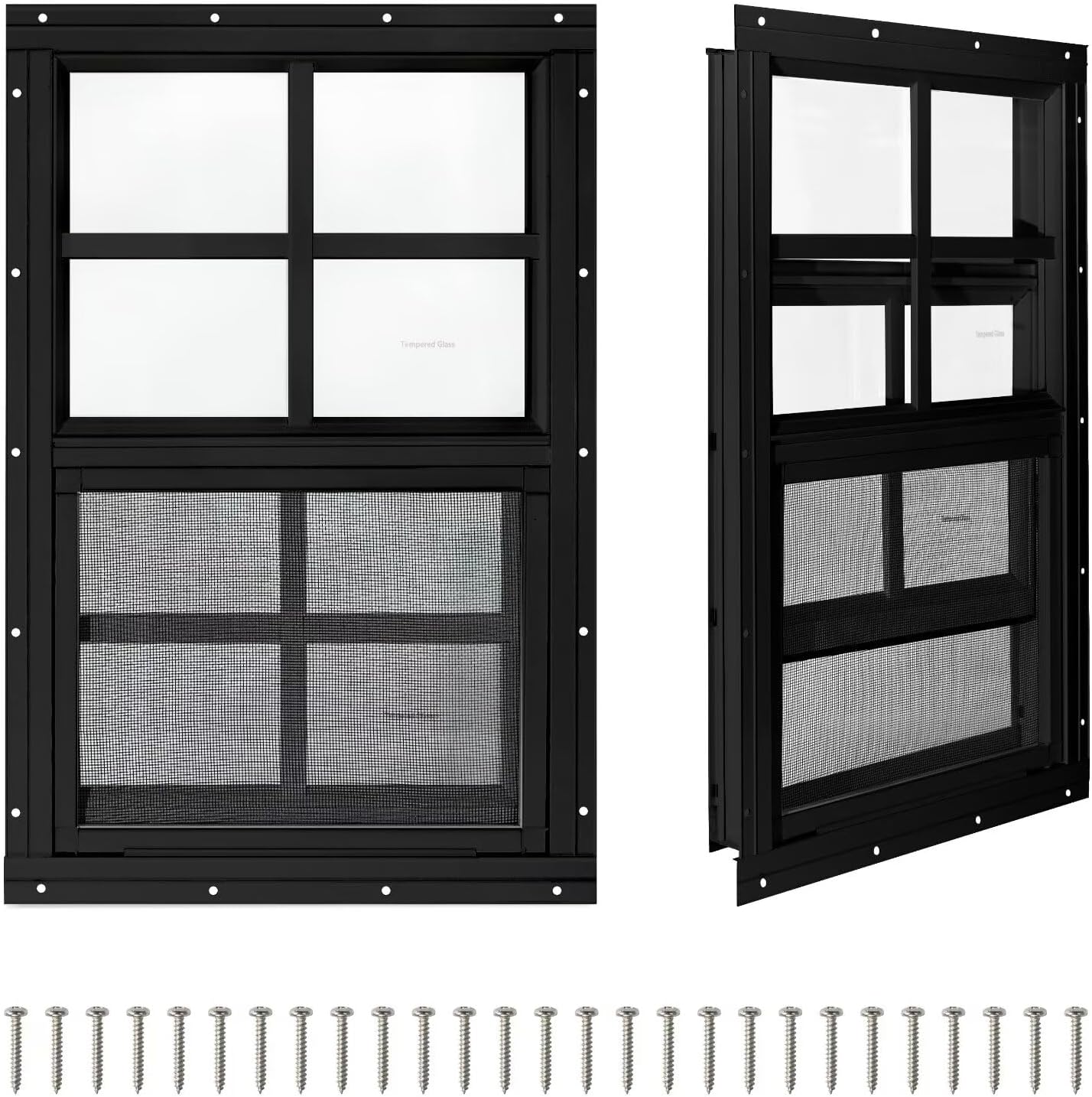 COLORPAPA 2 Pack Shed Windows,12" x 18" Small Sliding Windows,Flush Mount Windows with Tempered Glass and Fiberglass Screen for Shed, Chicken Coop, Playhouse, Household, Garage, Barns (Black)