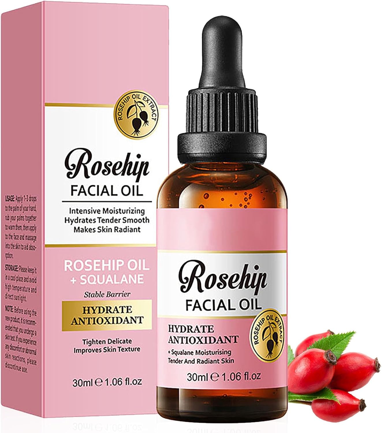 Rosehip Face Serum - Glow Serum with Hyaluronic Acid & Rose Extract - Hydrating, Anti-Ageing & Boosting Rosehip Facial Oil - Anti Wrinkle Facial Se-rum for Fine Lines, Wrinkles and Dry Skin - 30ml
