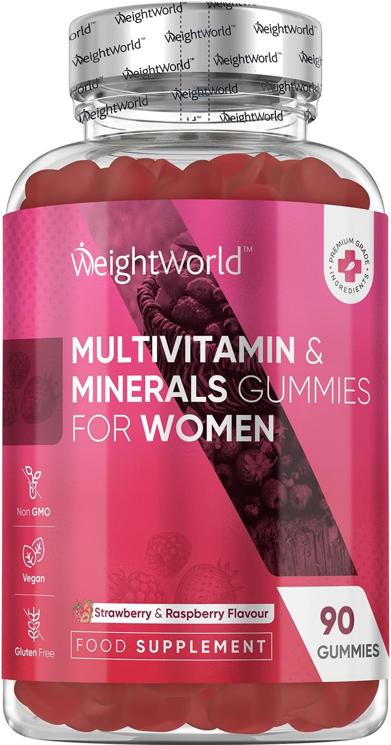 Multivitamin Gummies for Women - 13 Active Ingredients - 90 Gummies - Natural Strawberry & Raspberry Flavour - Women Multivitamins with Zinc, Calcium, Hyaluronic Acid & Vitamins A, C, B6, B7, B9 & B12