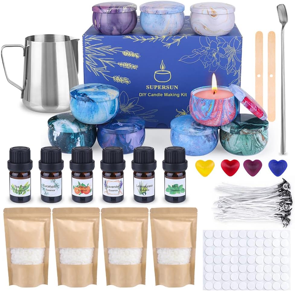 Beeswax Pellets Candle Making Kit - 480g Wax, 50 Wicks, 4 Dyes, 500ml Melting Pot, 100 Wick Stickers, 9 Tins