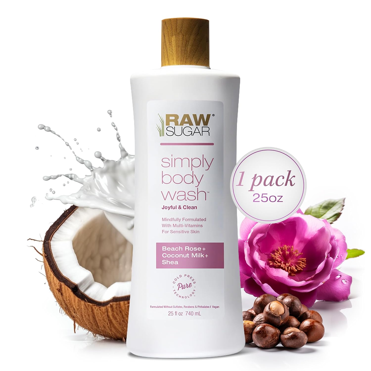 RAW SUGAR Simply Body Wash, Beach Rose + Coconut Milk + Shea (25 Fl Oz, Pack of 1) Sensitive Skin Bath Soap, Formulated without Sulfates & Parabens