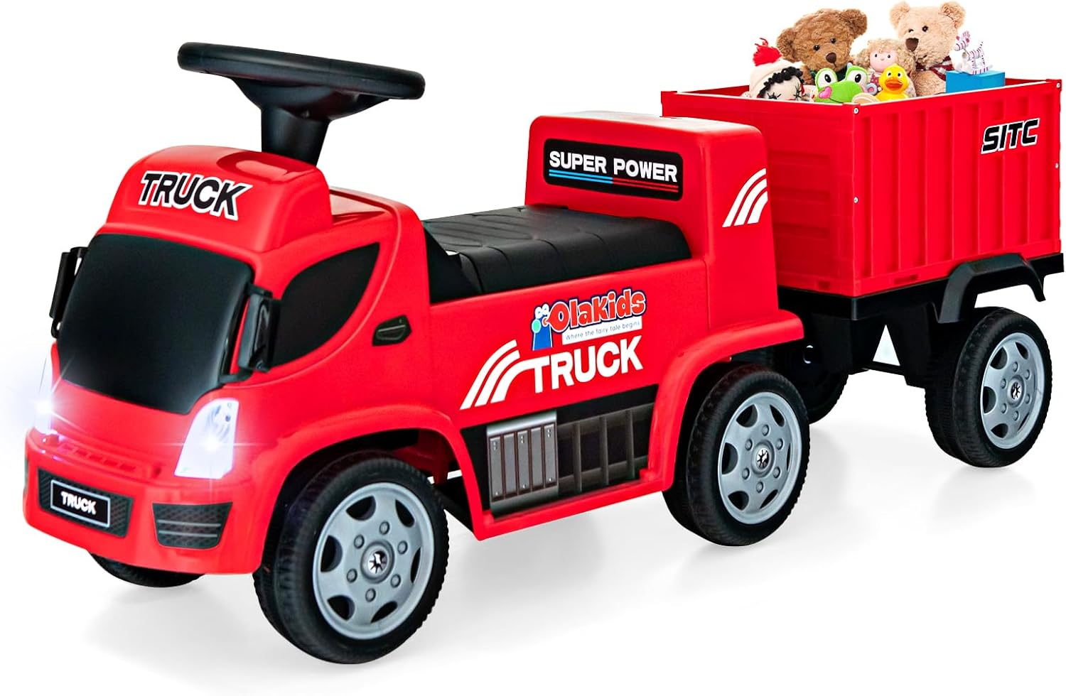 OLAKIDS Kids Ride On Push Car, 2 in 1 Foot-to-Floor Sliding Truck with Detachable Trailer, Steering Wheel, Headlights, Music, Alarm Sound, Toy Walker Gift for Toddlers Age 1.5-3 Boys Girls (Red)