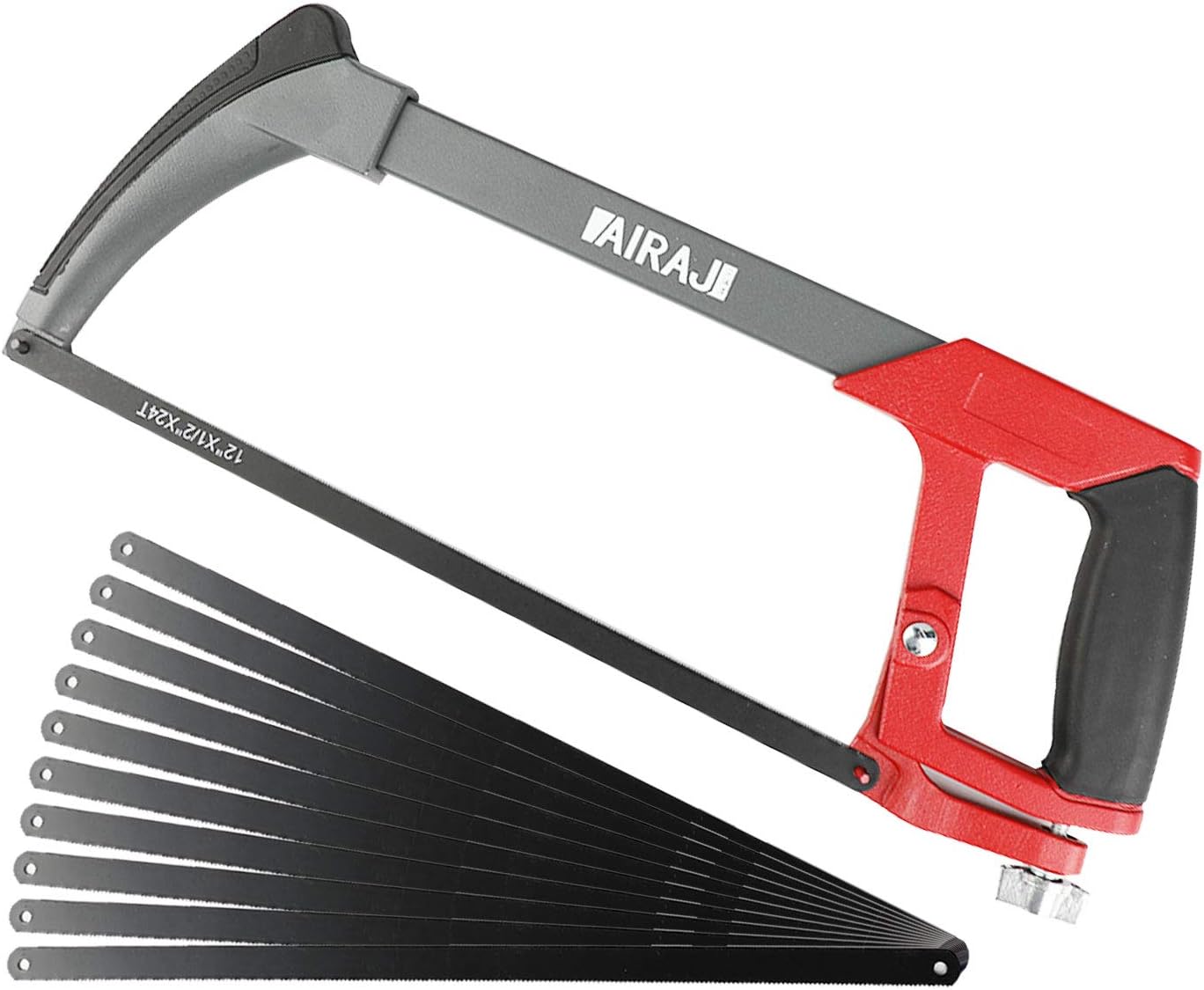 AIRAJ Hacksaw Frame 300MM,Hand Hacksaws with 10 Spare Blades,Professional High-Tension Hacksaw for Metal,Wood,Steel,PVC Pipe,Frozen Meat,45°&90° Two Angles Sawing