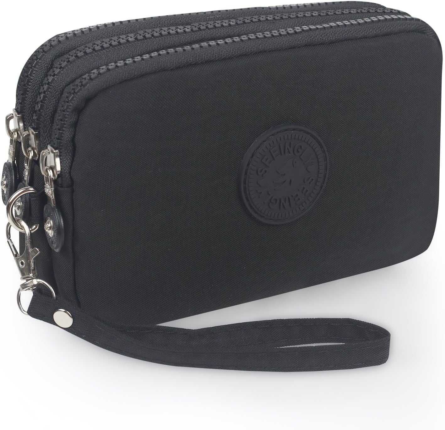 HYJMA Multifunction 3 Layers Zipper Key Card Phone Pouch Coin Money Bag Purse Wallet (Matte Black)