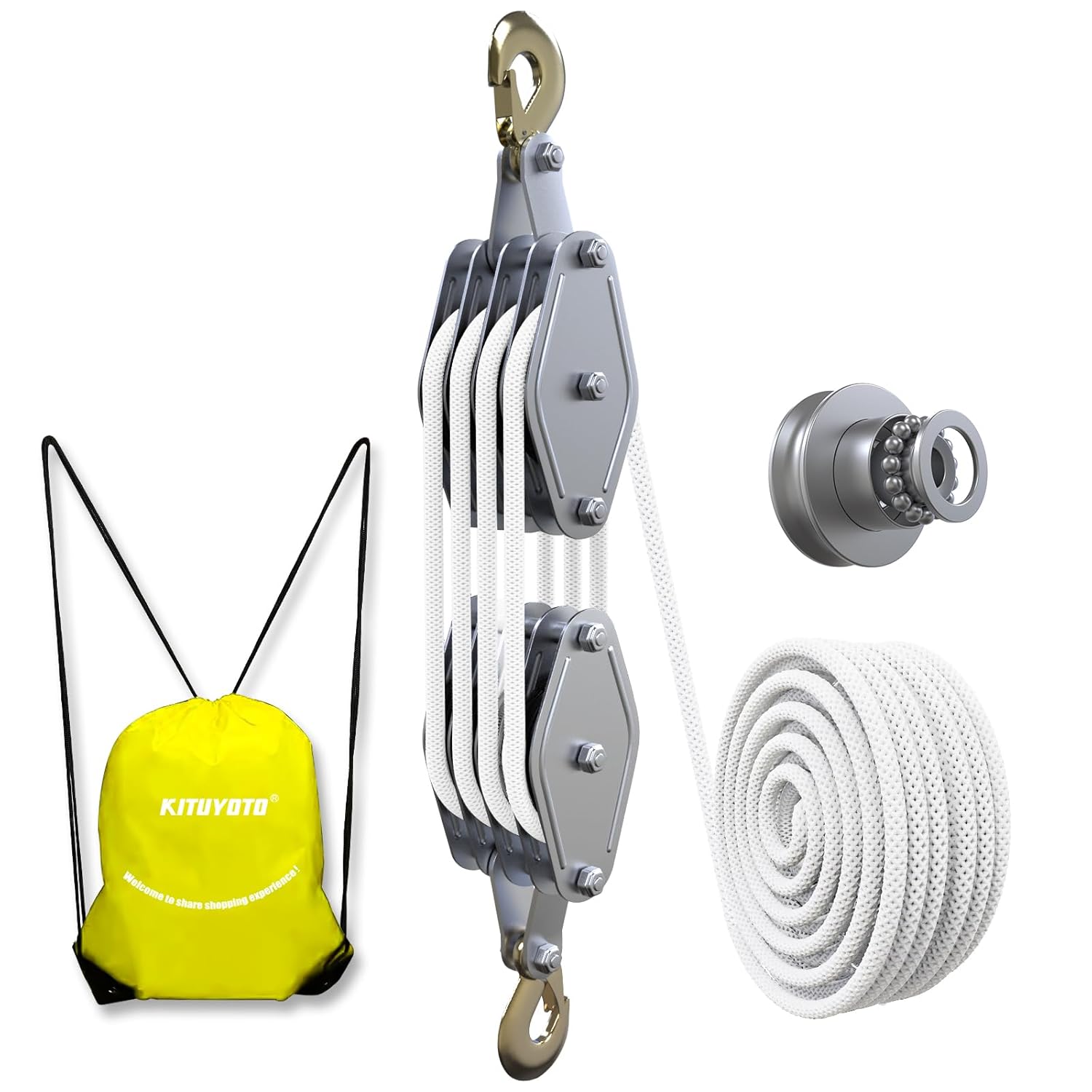KITUYOTO Block and Tackle Pulley System 4400 LBS Breaking Strength, 1100 LBS Work Load Pulley System for Lifting, 7:1 Lifting Power, 65 Feet 3/8" Rope Hoist, Heavy-Duty Pulley Hoist