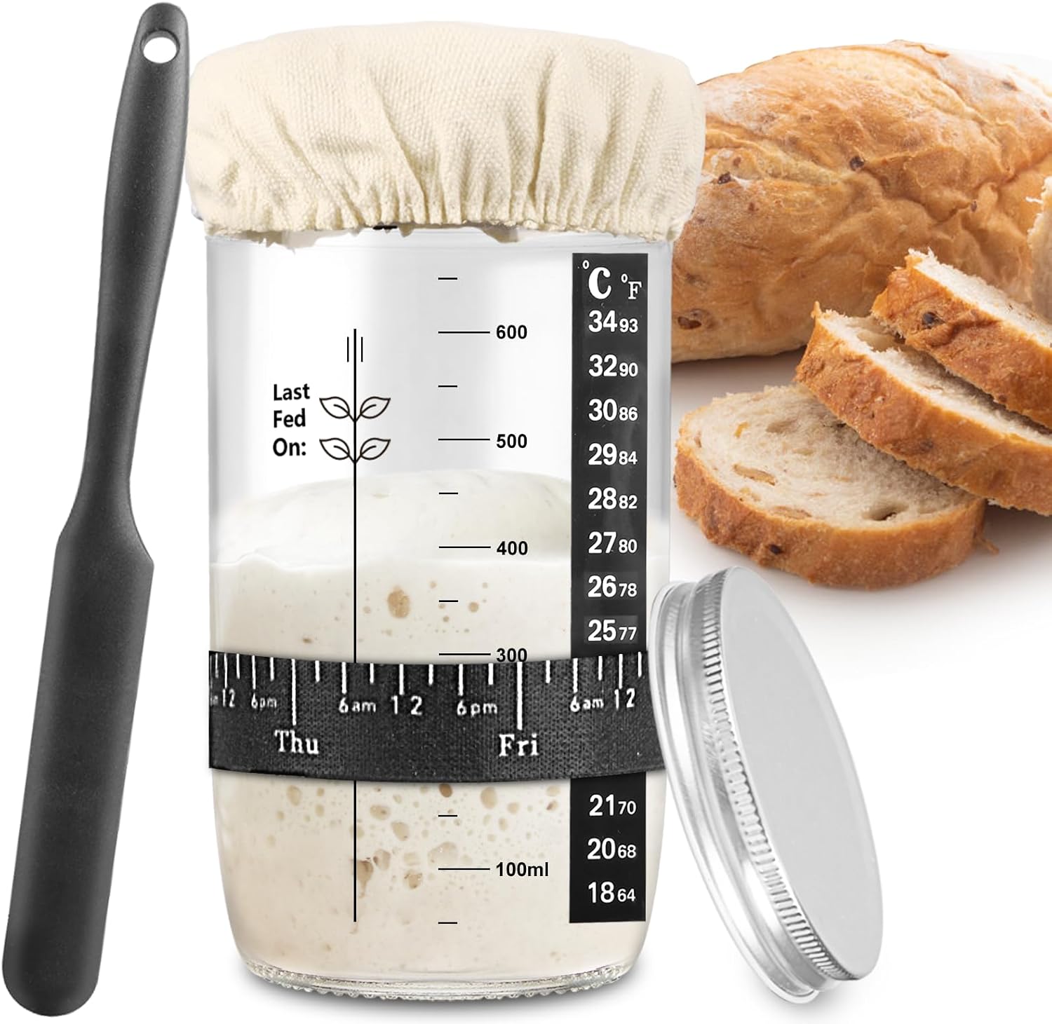 zunmial Sourdough Starter Jar 710ml, Glass Sourdough Starter Kit | with Date Feeding Band, Thermometer, Cloth Cover & Metal Lid, Reusable Sourdough Bread Baking Supplies, Home Baking Supplies