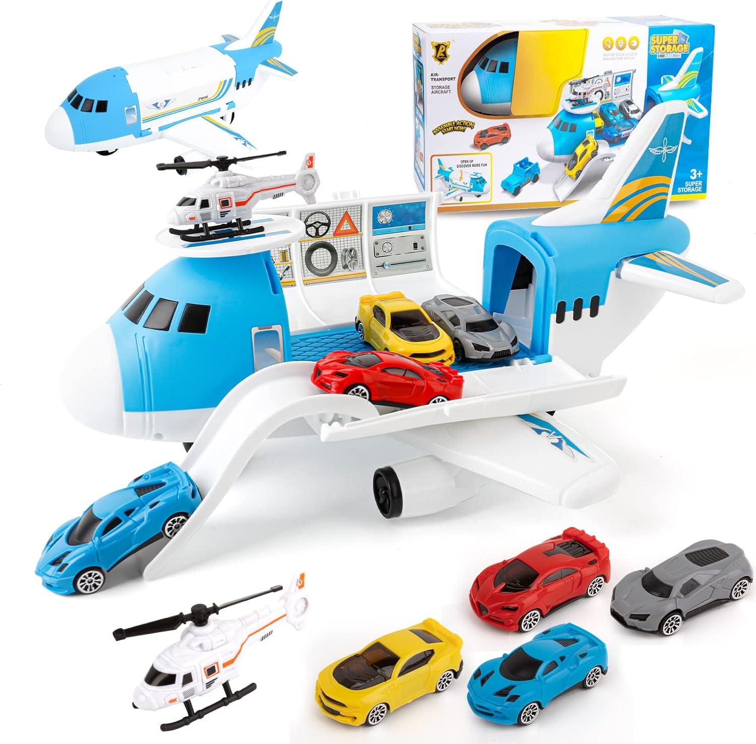 Shayson Transport Cargo Airplane Car Toy Play Set for Boys and Girls Ages 3 and Up - Includes 4 Cars, 1 Helicopter, Kids DIY Preschool Toy Gift