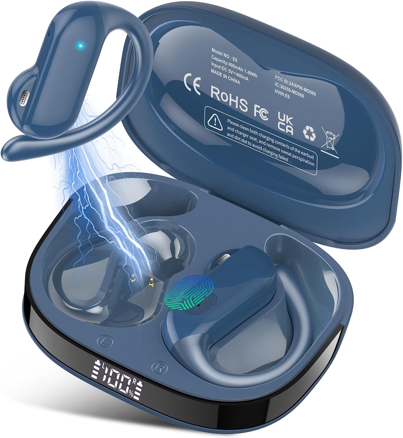 Open Ear Earbuds, Bluetooth 5.4 Wireless Earbuds with Ear Hooks, 32H HiFi Stereo Open Ear Headphones with Clear Calls, IPX7 Waterproof Lightweight Sport Earphones for Workouts, Running, Fitness, Blue
