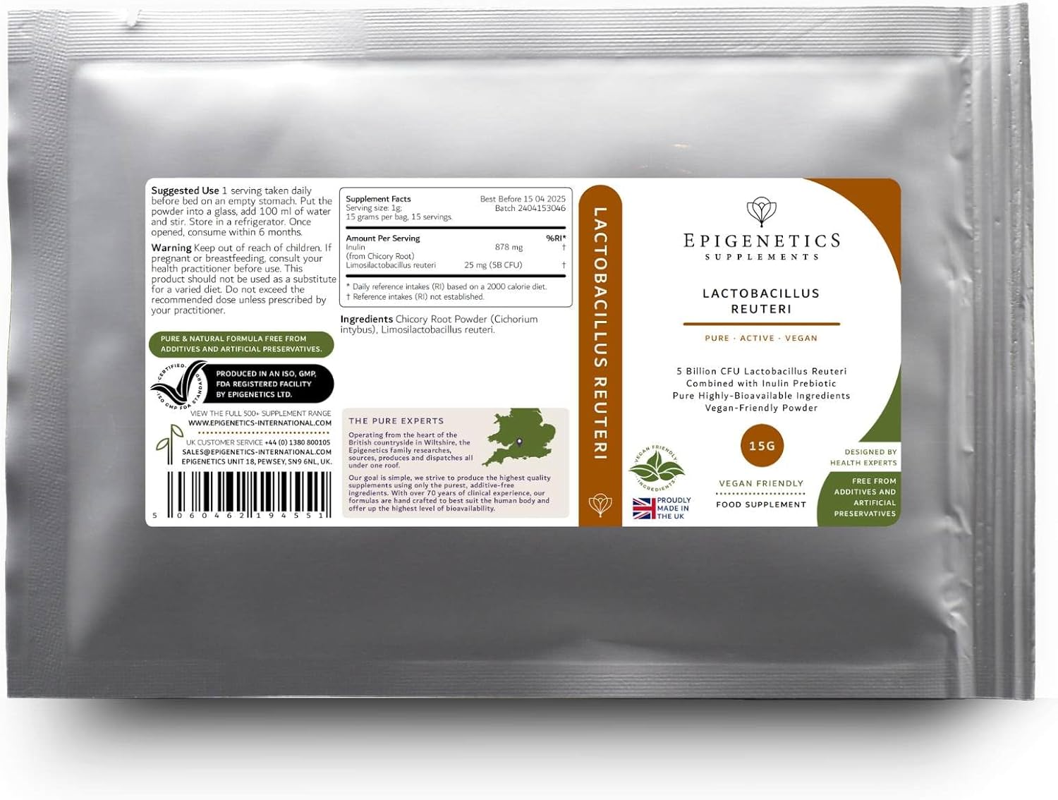 Lactobacillus Reuteri 15g | 5 Billion CFU Probiotic + Chicory Root Prebiotic (Inulin) | Vegan Friendly Powder UK Made | 1g Daily (15 Servings)