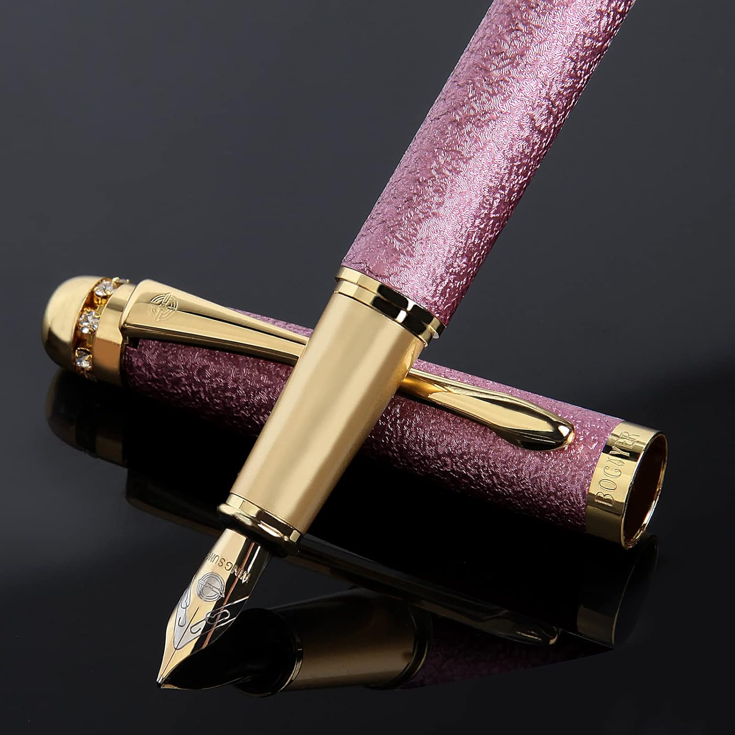 fountain pen-Multiple color styles with rhinestone,diamond inlay and frosted finish,Cute pens,Luxury pen,Office pens,Best pen set,Includes 10 Ink Cartridges and Ink Refill Converter(Pink)