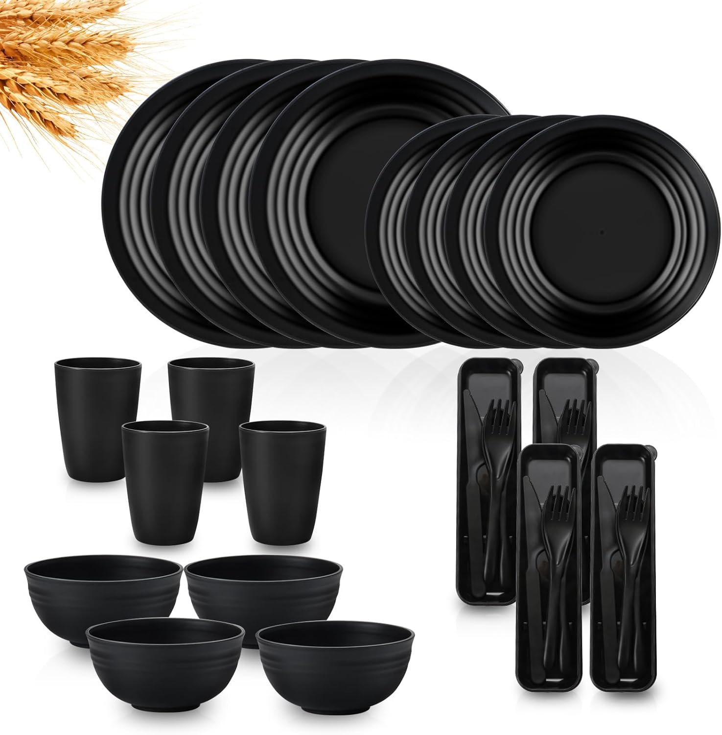 Dinnerware Sets, 32 Piece Wheat Straw Plates and Bowls Sets for 4, Plastic Plates Reusable Dishes Set, Outdoor Kitchen Camping and Dinning Essentials Dishwasher Safe, Black