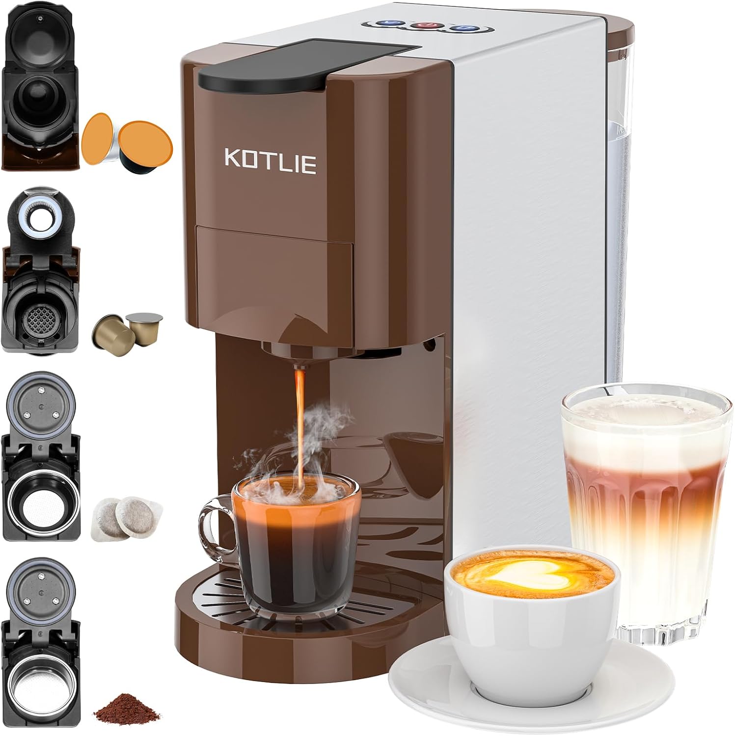 KOTLIE Espresso 4in1 Coffee Machine for Nespresso Original/Dolce Gusto/L’OR/Ground Capsule and ESE Coffee Pods,19 Bar Automatic Coffee Machines (AC-513K)
