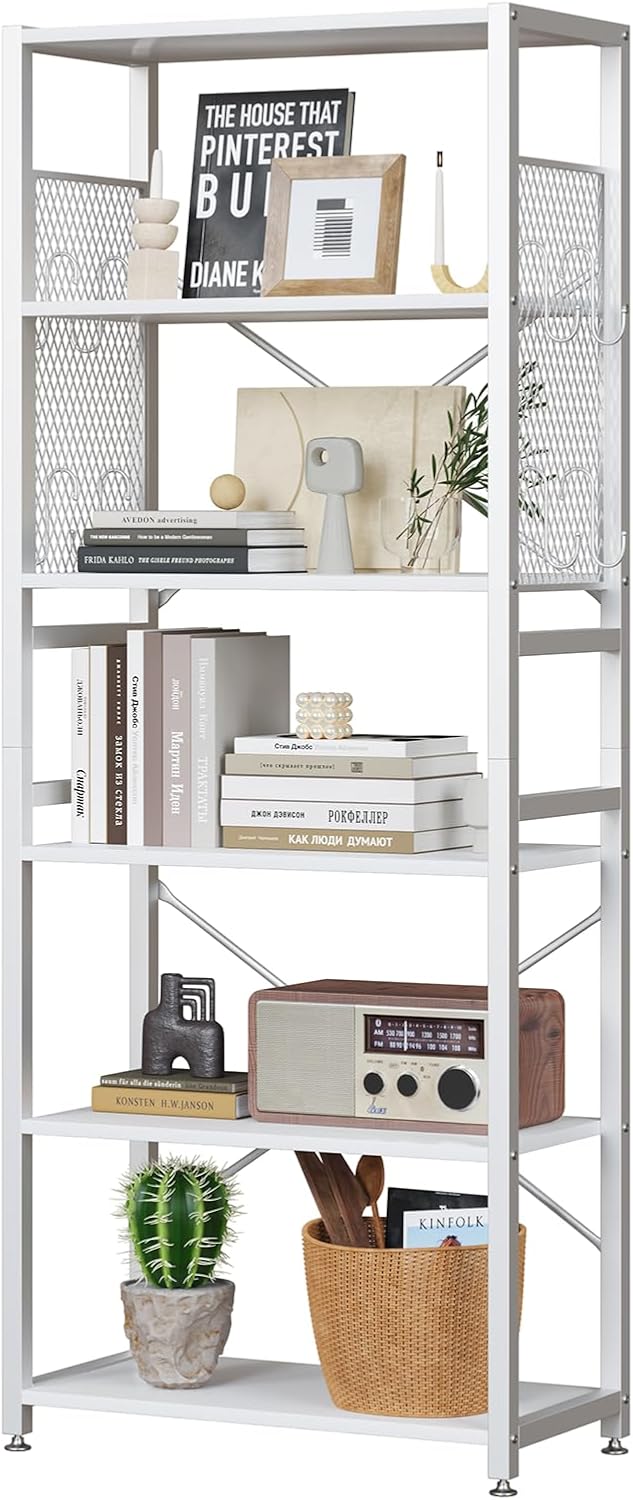 TREETALK 6 Tier Bookshelf, Standing Bookcase with 2 X-shape Strips,Metal Mesh Side Panels, 8 S-shaped Hooks, Industrial Storage Rack for Office, Living Room (White)