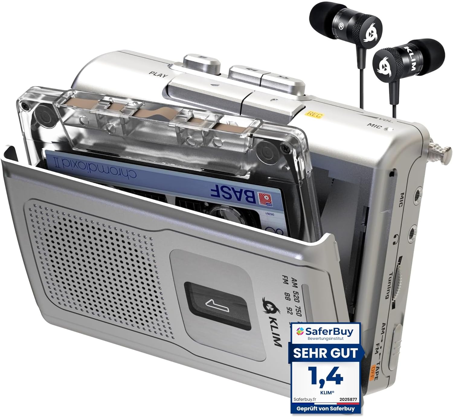 KLIM K8 Cassette Tape Player Portable - Cassette Recorder - NEW Version - AM/FM - Built-in Microphone & Speaker - Headphone Jack & Earphones - Silver