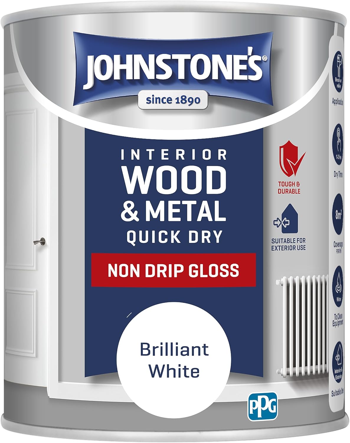 Johnstone's - Wood & Metal Paint - Gloss Finish - Brilliant White - 750ml - Water Based - Non Drip & Quick Drying - Radiator Paint - Low Odour - Dry in 1-2 Hours - 8m2 Coverage per Litre