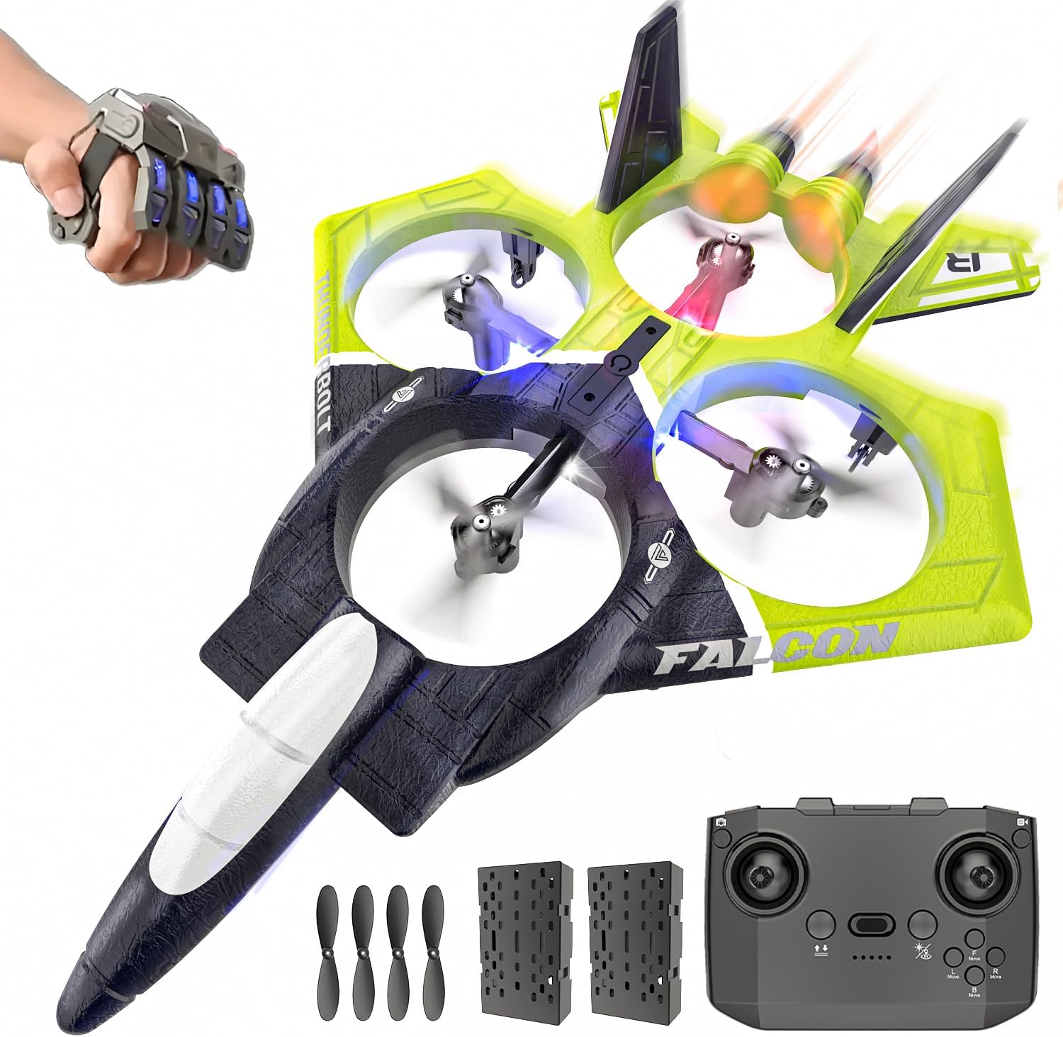 BEZGAR RC Airplane, 2.4GHZ 6-axis Gyro Remote Control Airplane, Gesture Remote Control Plane, 360° Flip Fighter Jet Toy, Toys for Ages 8-13 with Colorful LED Navigation Lights Green