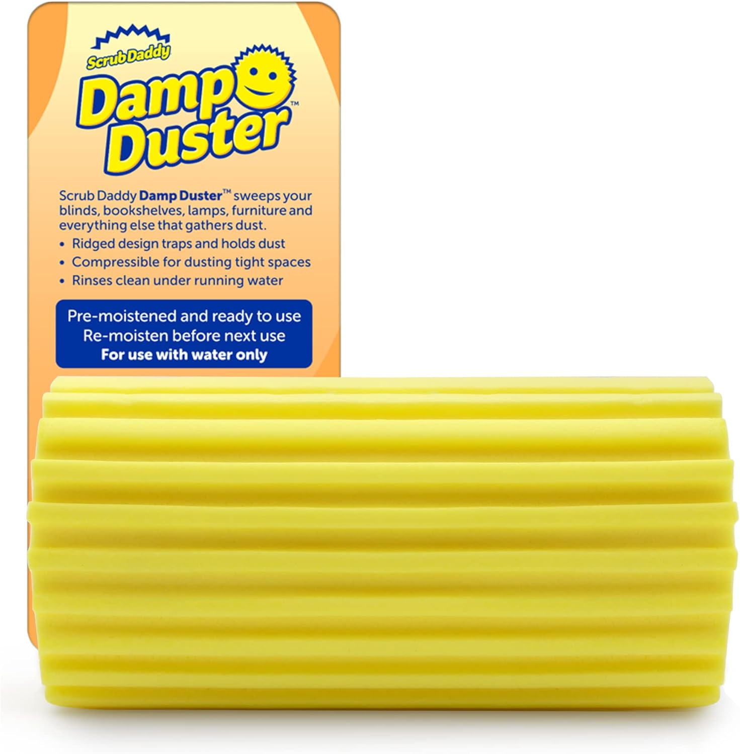Scrub Daddy Damp Duster, Multipurpose Dusters for Cleaning - Wooden & Venetian Blind Cleaner Tool, Ridged Wet Dust Sponge for Skirting Board, Radiator, Blinds & Mirrors, Home Cleaning Products, Yellow