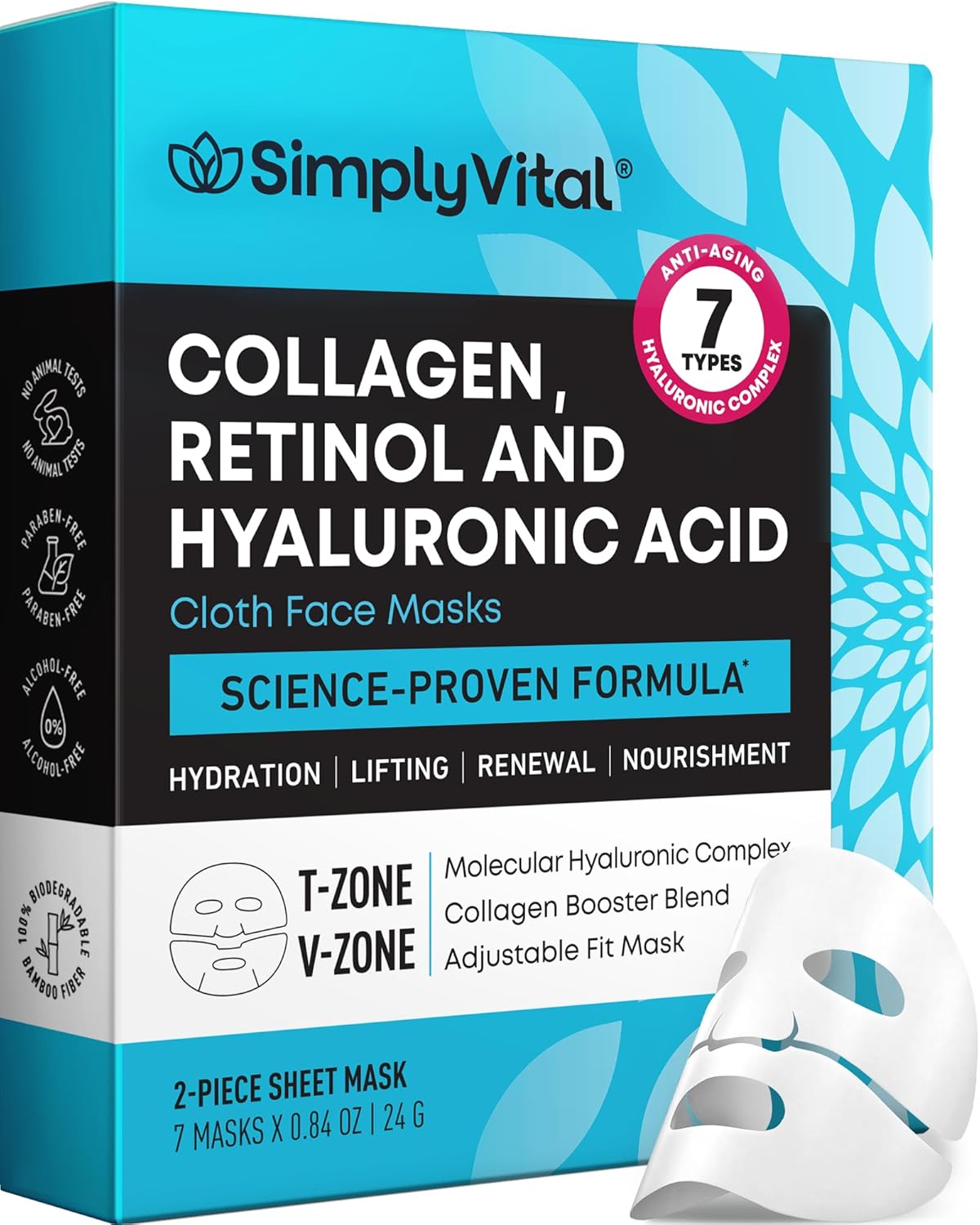 SimplyVital Collagen Facial Mask with Retinol & Hyaluronic Acid - Hydrating Face Masks Skincare - Visibly Firming and Lifting T Line & V Line Sheet Mask for Women - Mascarillas Para la Cara - 7 Pack