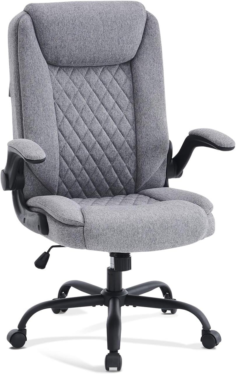 CASTLOVE Ergonomic Office Chair Computer Chair Executive Office Chair with Flip Up Armrest High Back Rocking Function Height Adjustable Comfortable Desk Chair for Home Office Fabric Grey