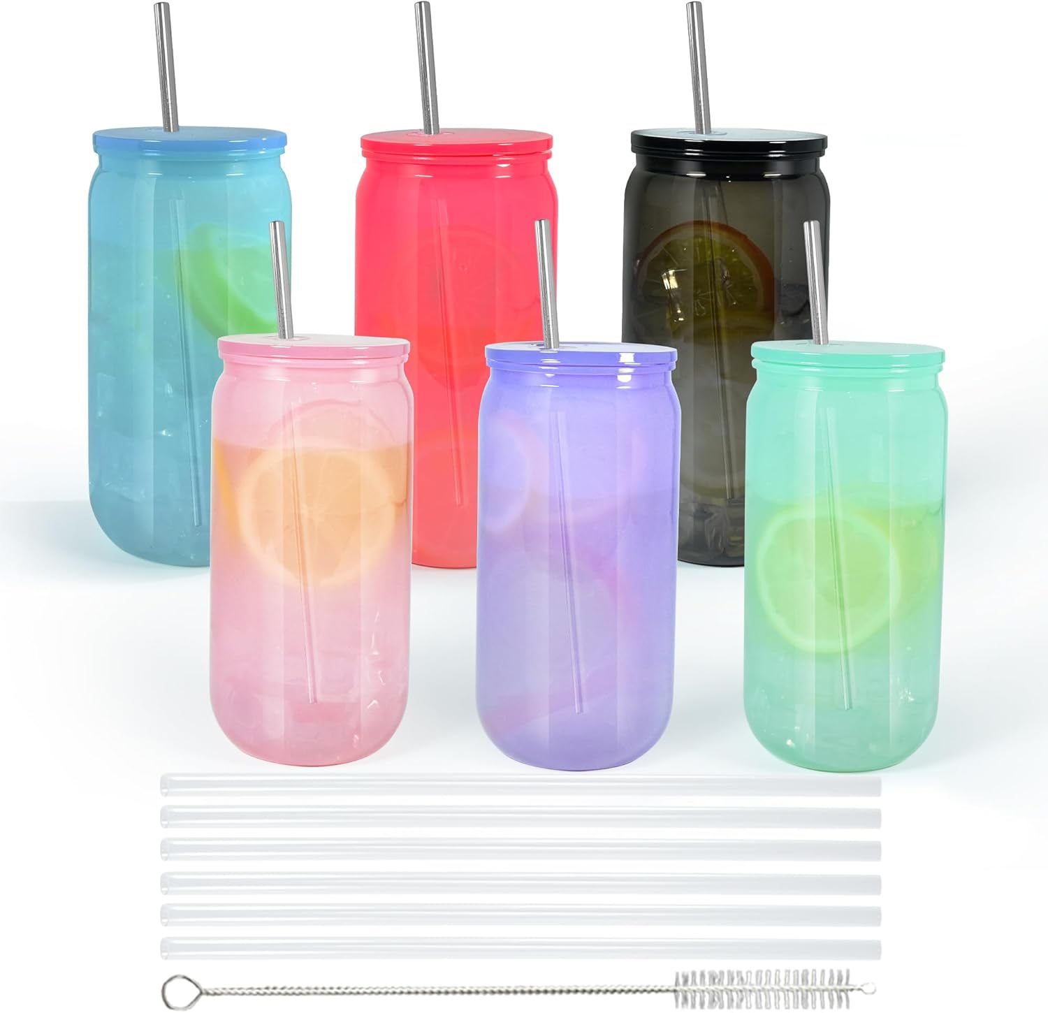 16oz Plastic Mason Jars, 6Pack Mason Drinking Acrylic Cups with Plastic Lids and Stainless Steel Straws Iced Coffee Cups Shatterproof Unbreakable Tumblers for Smoothies, Beer, Coffee, Jelly Color