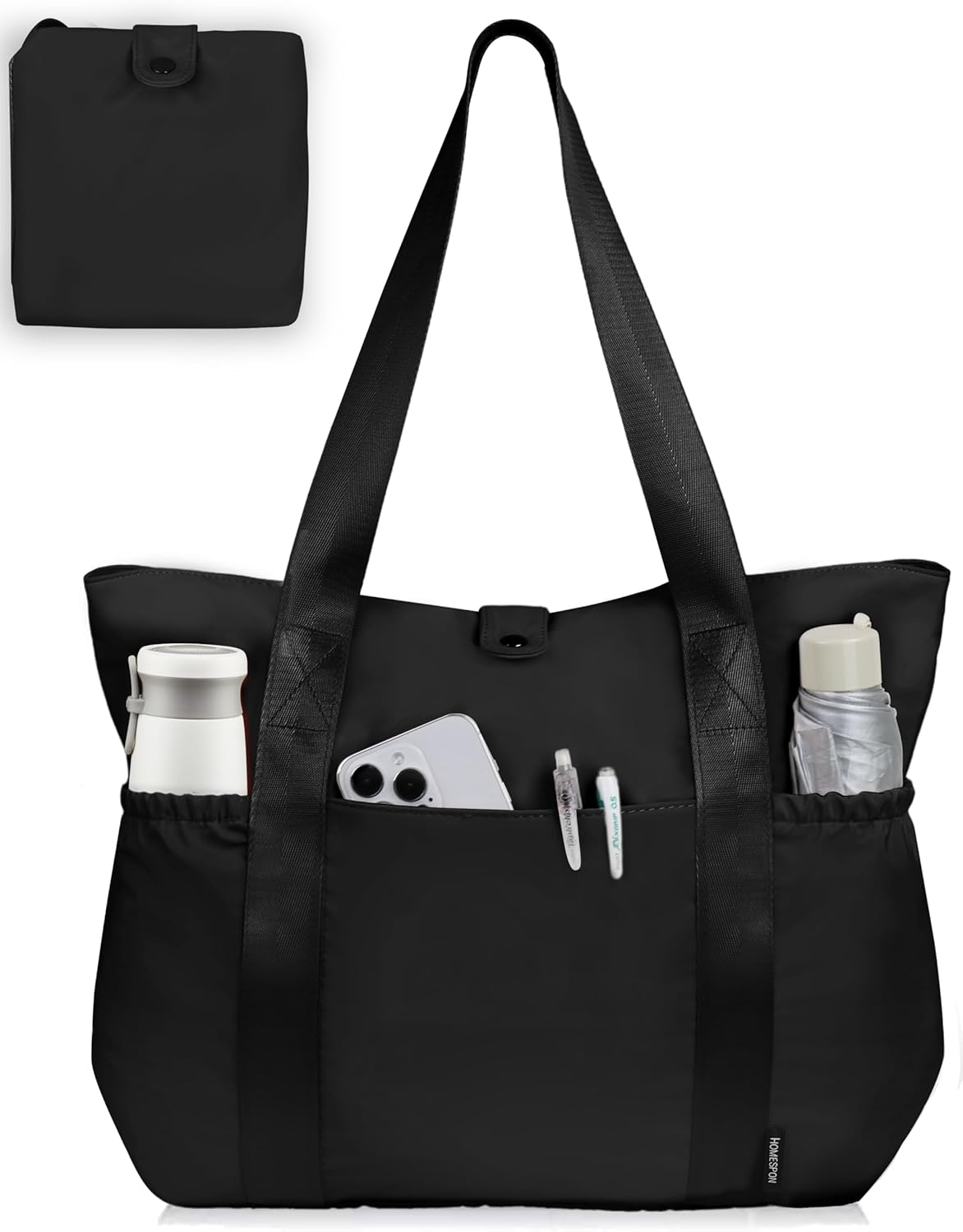 HOMESPON Large Foldable Beach Tote Bag for Women with zip and Pockets Waterproof Handbag for Travel Pool Shopping Holiday Gym(Black)