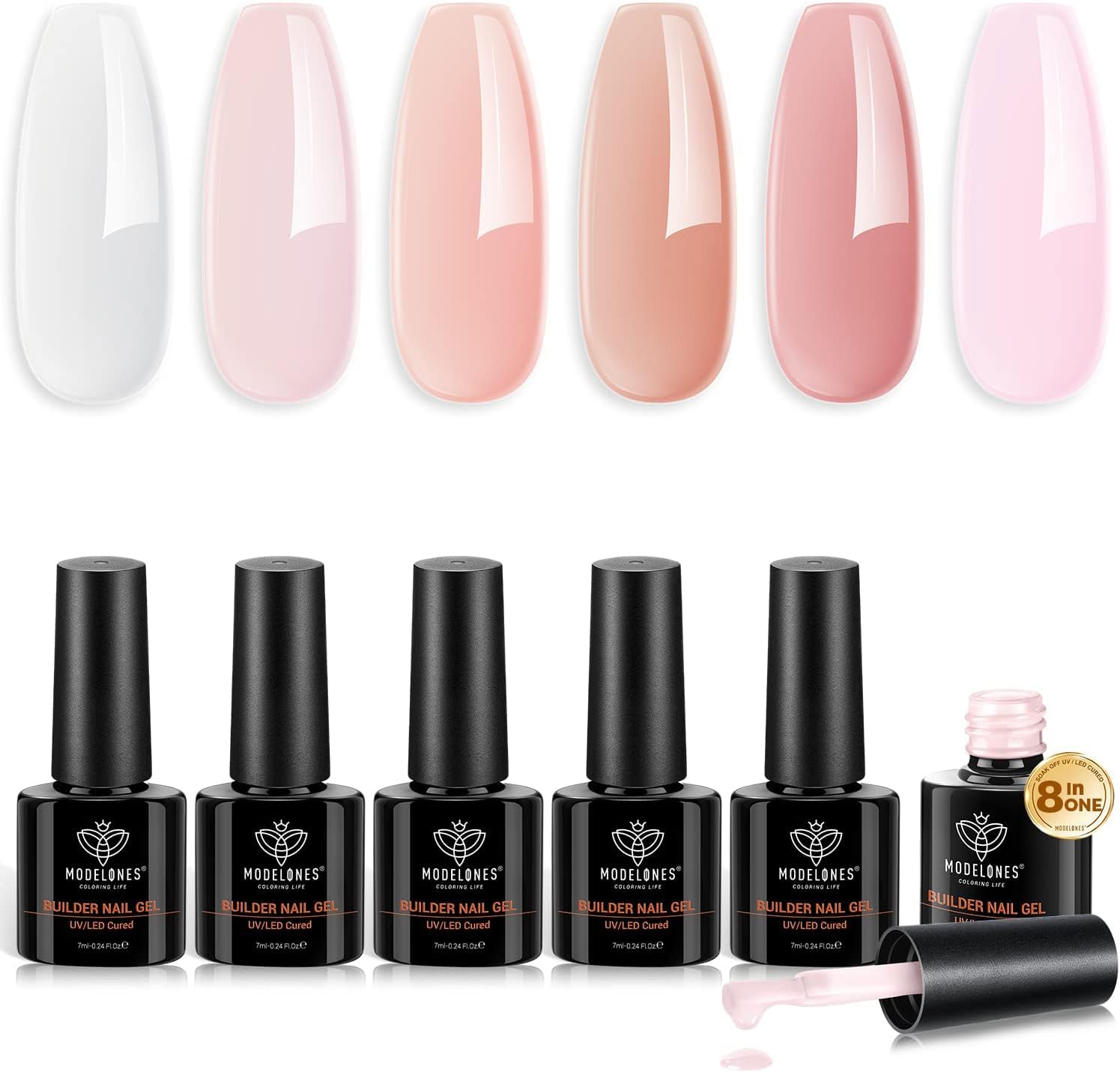 Modelones 8-in-1 Builder Nail Gel, 6 Colors Pink Builder Gel for Nails, Hard Gel Builder Nail Extension Gel Builder Gel in a Bottle for Nail Starter