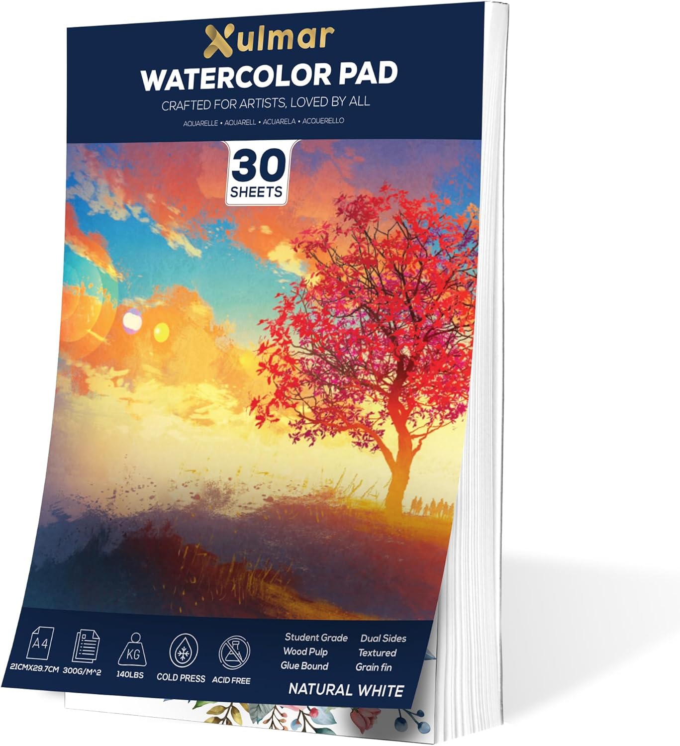 Xulmar Watercolour Paper Pad - A4 x 30 Sheets, 300 GSM Cold-Pressed, Student-Grade Sketchbook – Natural White, Glue-Bound for Watercolor, Gouache, Acrylic & Mixed Media Painting
