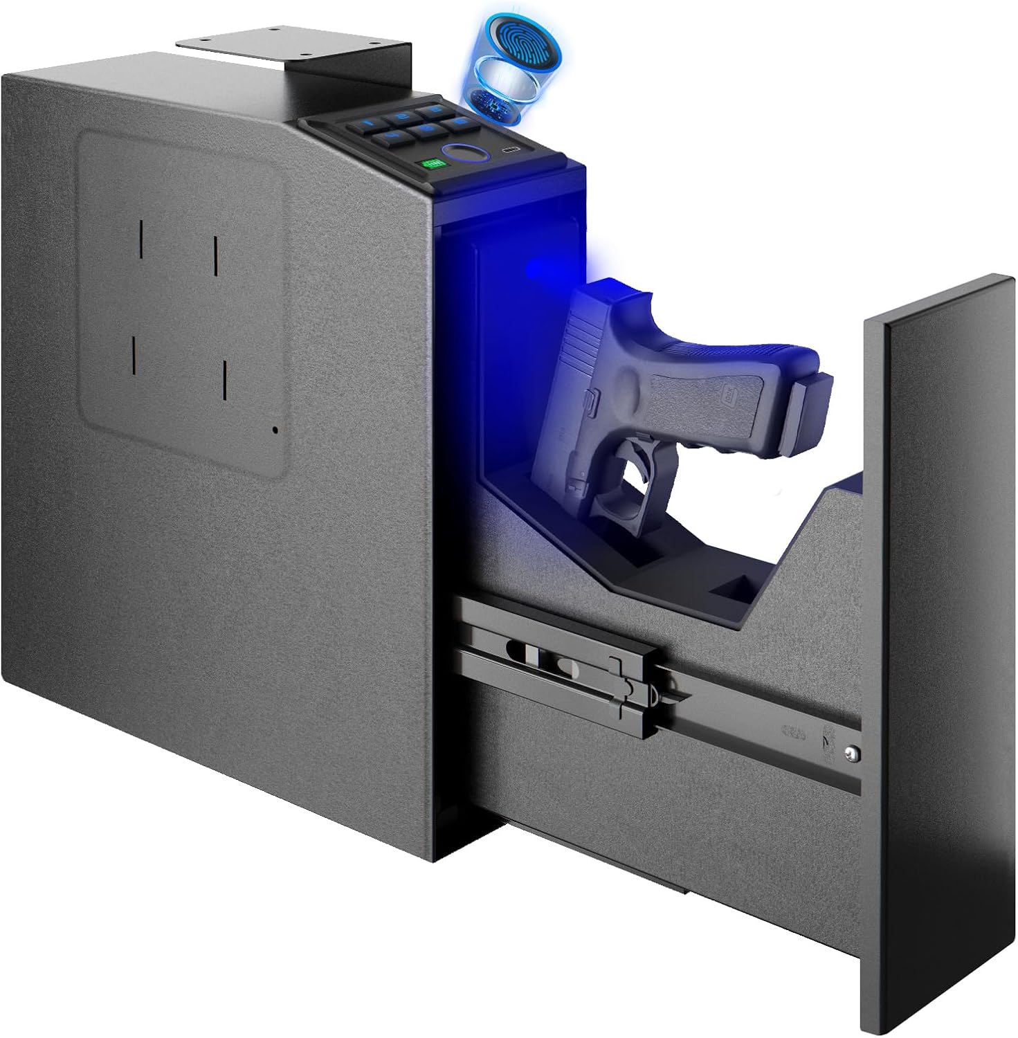 Gun Safe, Biometric Pistol Safe Fingerprint Handgun, Mounted Single Gun Safe for Handgun with 3 Ways Quick Access, Bedside Handgun Safe for Nightstand, Bedroom, Desk, Wall, Dresser