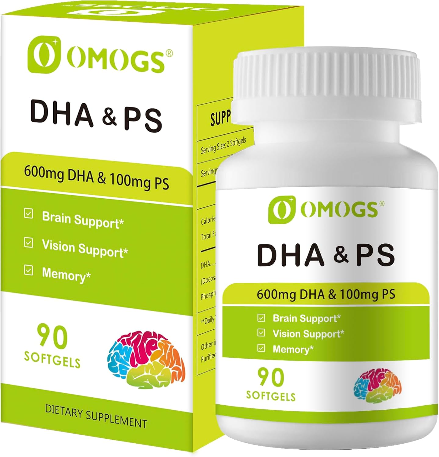 OMOGS Algae DHA - 600 mg Omega-3 DHA Softgels, with Phosphatidylserine & Walnut Oil, Supports Healthy Brain Function, Vision, Eye & Memory, Gluten Free, Non-GMO Vegan Algae Oil, 90 Softgels