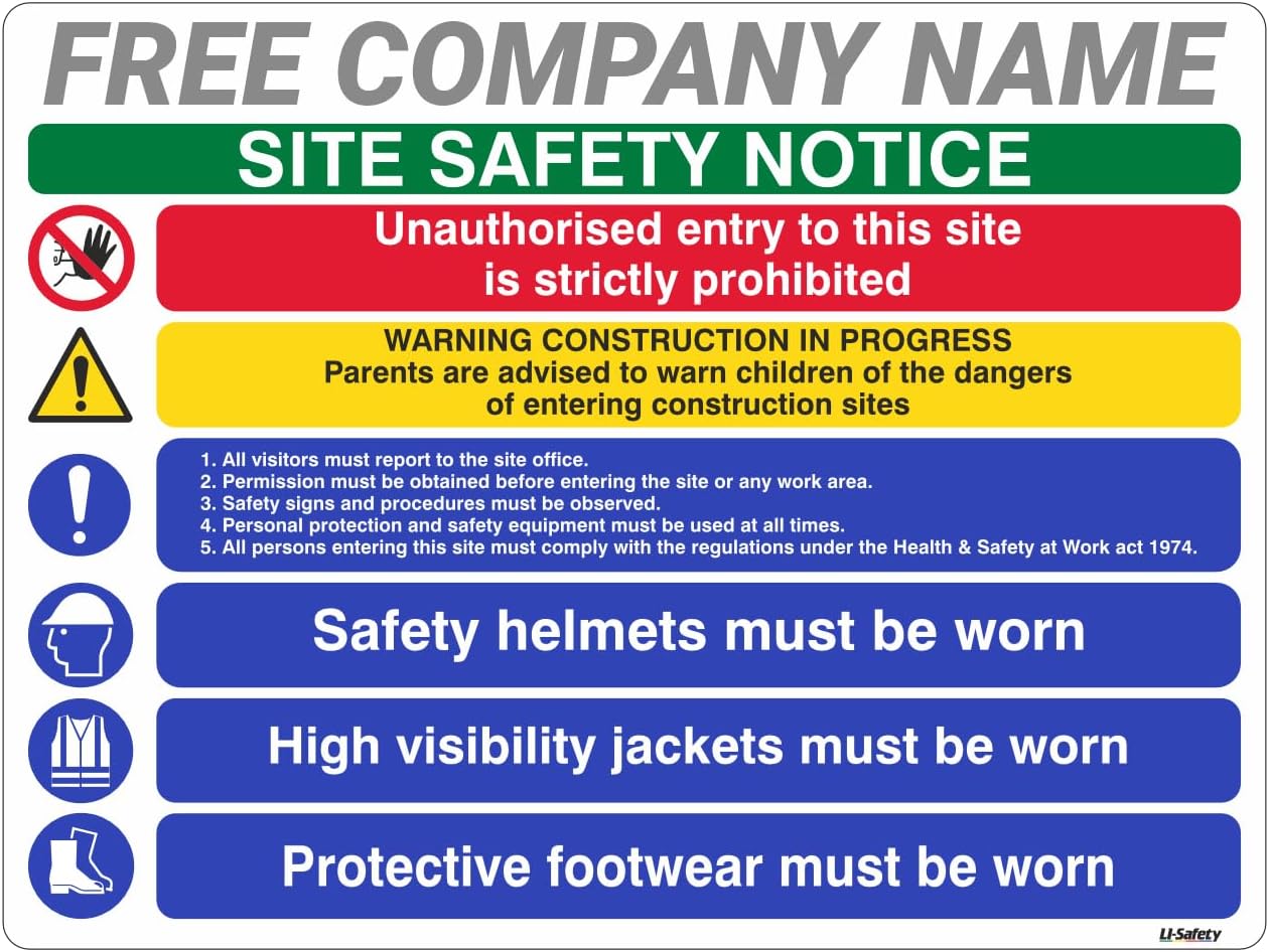600x450mm Multi Hazard Site Safety Notice 6 Points Construction Sign with FREE Company Name