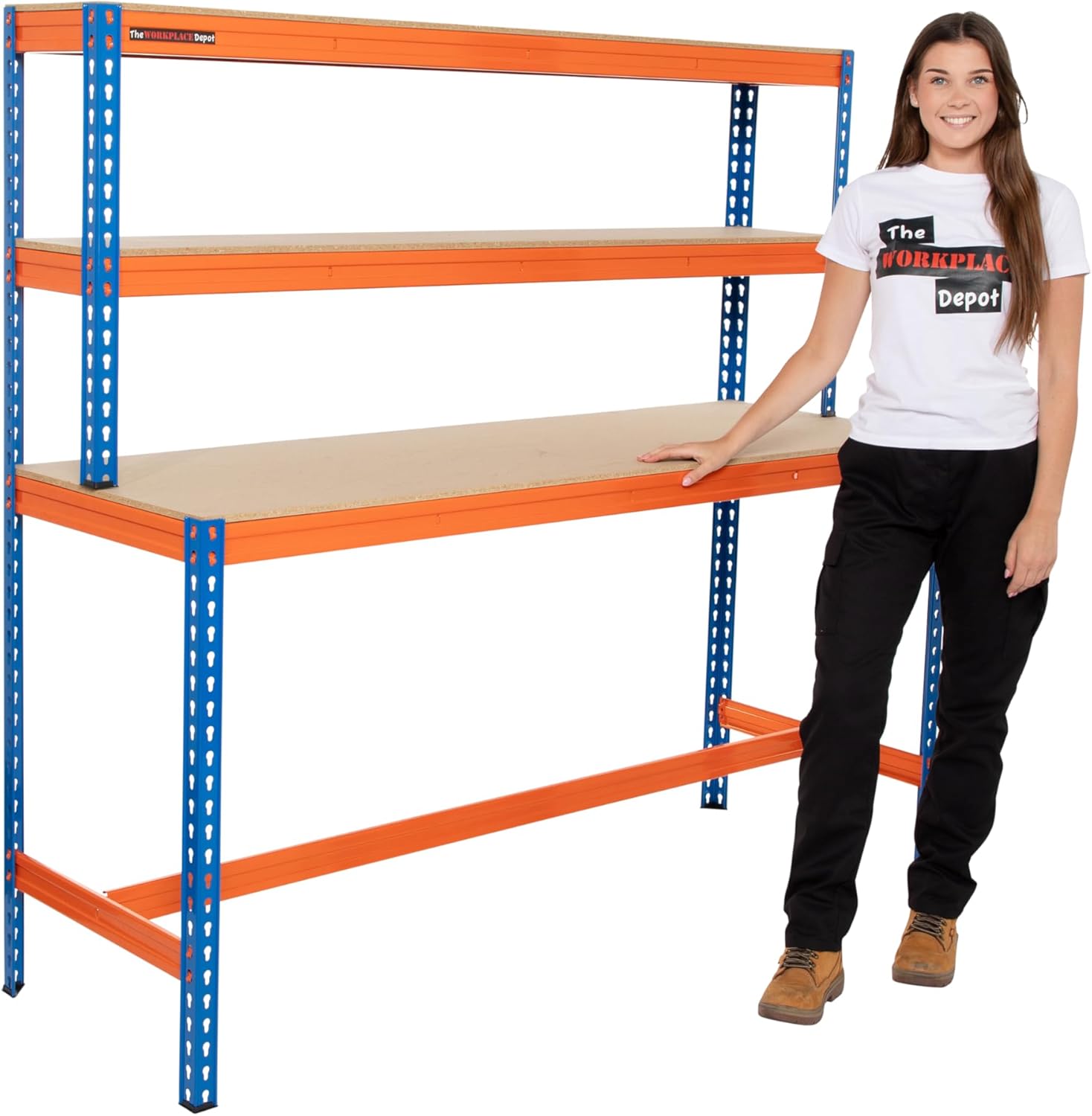 Large Garage Workbench, Heavy Duty 400kg UDL Blue/Orange Workstation with MDF Shelves (Workbench Only)