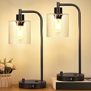 Set of 2 Industrial Table Lamps with 2 USB Port, Fully Stepless Dimmable Bedside Lamps for bedrooms, Nightstand Desk Lamps with Seeded Glass Shade for Reading Living Room Office 2 LED Bulb Included