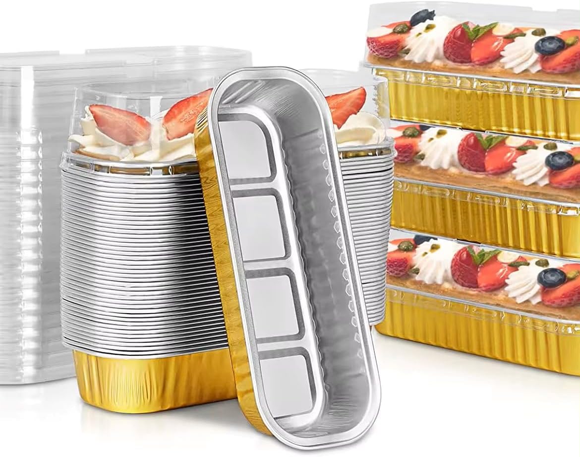 SEQ Reusable Aluminum Foil Loaf Pans with Lids (50 Pack) + 50 Free Spoons – 6.8oz Mini Rectangle Baking Cups & Muffin Tins, Disposable Baking Pans & Holders for Cakes, Breads, Brownies, and Meal Prep
