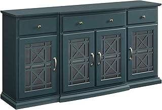 Walker Edison Modern Wood Glass Door Buffet Sideboard Living Room-Entryway Serving Storage Cabinet Doors-Dining Room Console, 60 Inch, Dark Teal