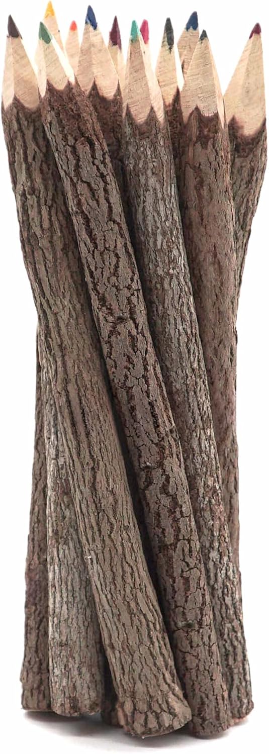 BSIRI Bark 7 Inch Colors Pencils Set Assorted-Stick Twig of Wood Pencils Outdoor Colored Wooden Pencil Tree for Child Camping Decorations Color Wood, Color Pencils for Adult Wedding Decorations