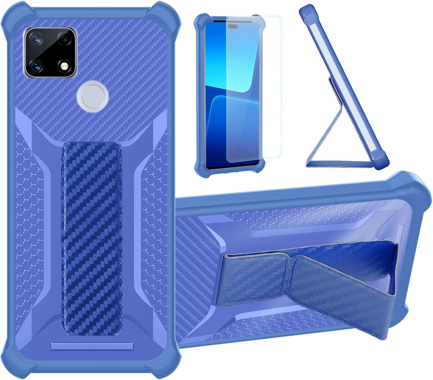 Case for Realme 7I Phone Case Stand Cover [with Tempered Glass Screen Protector] Hybrid Case [Folding Support Magnetic] [Frosted Anti-Fingerprint] Blue